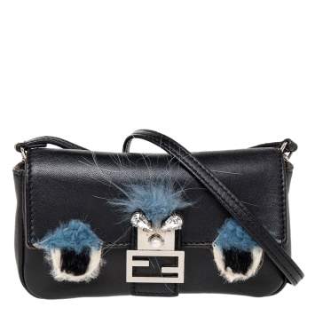 Pre Owned Fendi Black Leather and Fur Micro Monster Baguette Bag