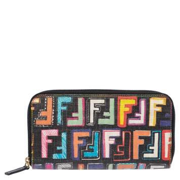Pre Owned Fendi Multicolor Zucca Coated Canvas Zip Around Wallet