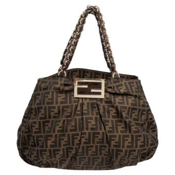 Pre Owned Fendi Tobacco Zucca Canvas and Patent Leather Large Mia Chain Tote