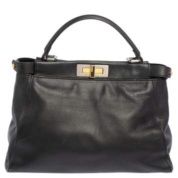 Pre Owned Fendi Black Leather Medium Peekaboo Top Handle Bag