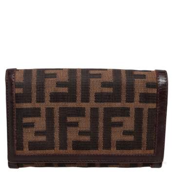 Pre Owned Fendi Tobacco Zucca Canvas and Leather Trim Flap Wallet