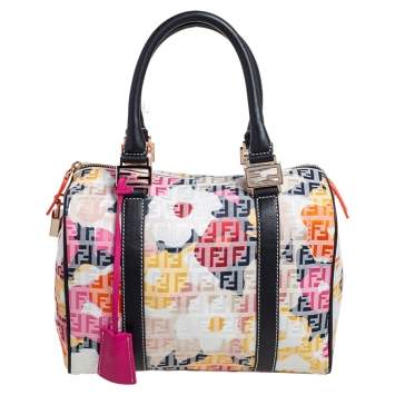 Pre Owned Fendi Multicolor Printed Zucchino Canvas and Leather Forever Bauletto Boston Bag