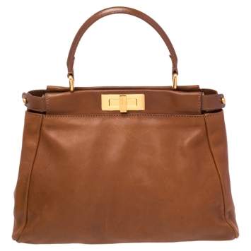 Pre Owned Fendi Brown Leather Medium Peekaboo Top Handle Bag
