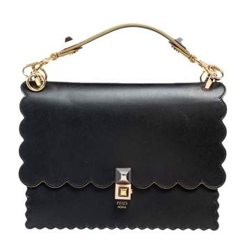 Pre Owned Fendi Black Leather Kan I Scalloped Top Handle Bag