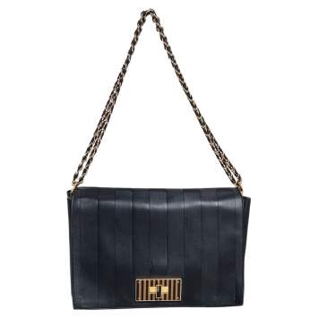 Pre Owned Fendi Black Pequin Embossed Leather Large Claudia Shoulder Bag