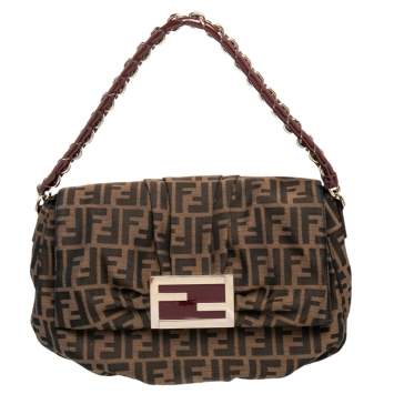 Pre Owned Fendi Tobacco Zucca Canvas and Patent Leather Mia Flap Shoulder Bag