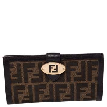 Pre Owned Fendi Tobacco Zucca Canvas and Leather Flap Continental Wallet
