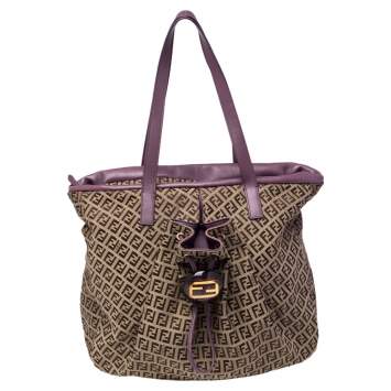 Pre Owned Fendi Brown/Purple Zucchino Canvas And Leather Front Drawstring Pocket Tote
