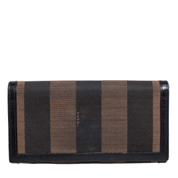 Pre Owned Fendi Brown/Black Pequin Stripe Canvas and Leather Flap Continental Wallet