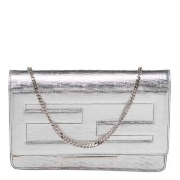 Pre Owned Fendi Metallic Silver Leather Tube Wallet On Chain