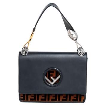 Pre Owned Fendi Black/Brown Zucca Velvet and Leather Kan I F Logo Shoulder Bag