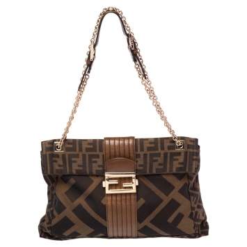 Pre Owned Fendi Tobacco Zucca Canvas and Leather Maxi Baguette Flap Shoulder Bag