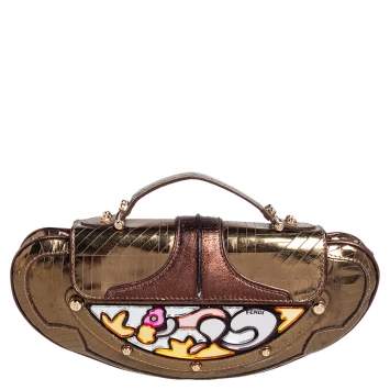 Pre Owned Fendi Gold/Copper Patent and Leather Mini Vanity Mirrored Clutch Bag