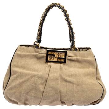 Pre Owned Fendi Beige Jute and Patent Leather Large Mia Tote