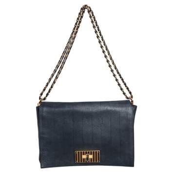 Pre Owned Fendi Black Pequin Stripe Leather Large Claudia Shoulder Bag
