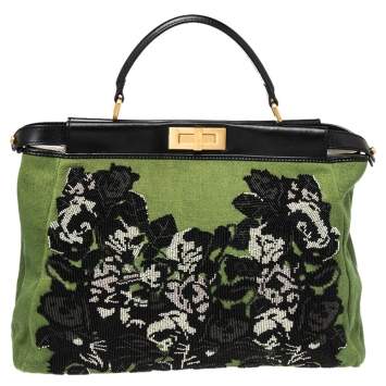 Pre Owned Fendi Green/Black Canvas and Leather Beaded Large Peekaboo Top Handle Bag