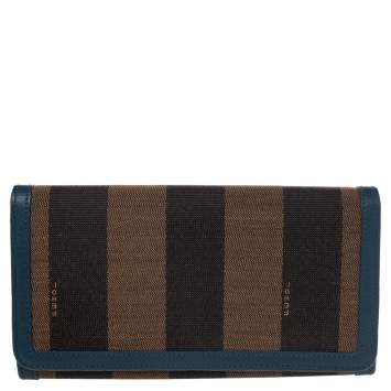 Pre Owned Fendi Brown/Blue Pequin Stripe Canvas And Leather Flap Continental Wallet