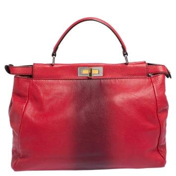 Pre Owned Fendi Ombre Red Leather Large Peekaboo Top Handle Bag