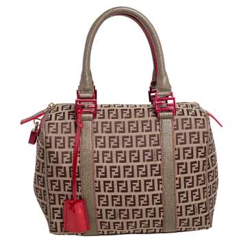 Pre Owned Fendi Brown Zucchino Canvas Small Forever Bauletto Boston Bag