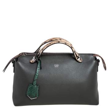 Pre Owned Fendi Green/Beige Leather And Python Medium By The Way Boston Bag