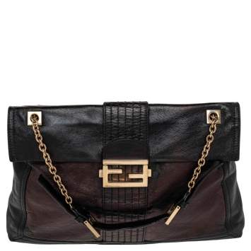 Pre Owned Fendi Black Leather Maxi Baguette Flap Shoulder Bag