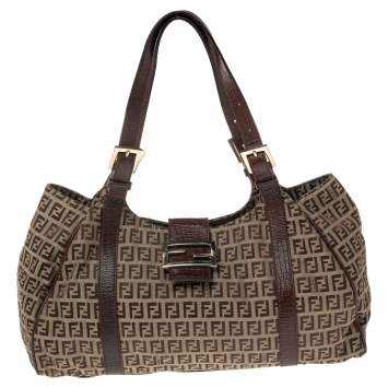 Pre Owned Fendi Brown Zucchino Canvas and Leather Borsa Piccola Shoulder Bag