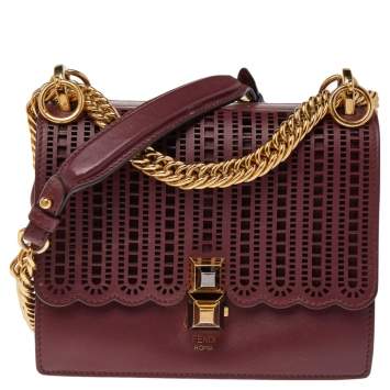 Pre Owned Fendi Burgundy Lasercut Leather Small Kan I Top Handle Bag