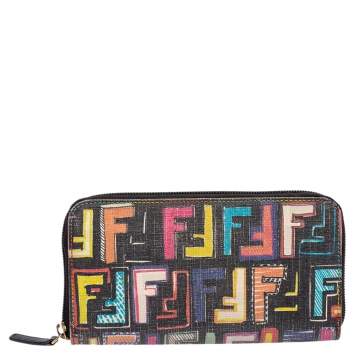 Pre Owned Fendi Multicolor Zucca Coated Canvas Zip Around Wallet