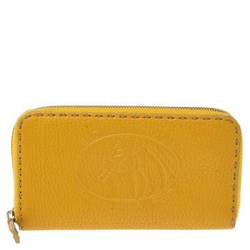 Pre Owned Fendi Yellow Leather Selleria Zip Around Wallet