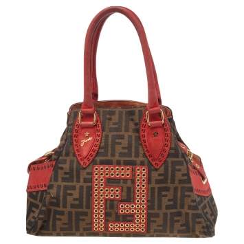 Pre Owned Fendi Red/Brown Zucca Canvas Eyelet Embellished Chef De Jour Bag