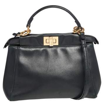 Pre Owned Fendi Black Leather Mini Peekaboo Top Handle Bag