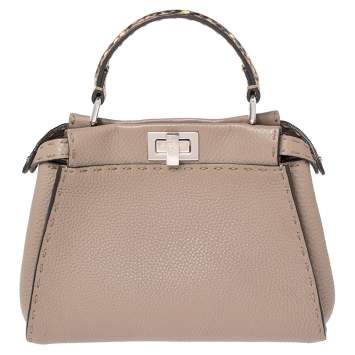 Pre Owned Fendi Beige Selleria Leather and Python Mini Peekaboo Top Handle Bag
