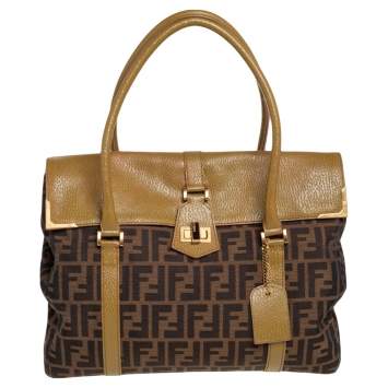 Pre Owned Fendi Tobacco/Green Zucca Canvas and Textured Leather Large Linda Satchel 