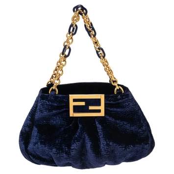 Pre Owned Fendi Navy Blue Velvet Small Mia Tote