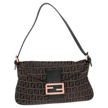 Pre Owned Fendi Black Zucca Canvas and Leather Trim Baguette Bag