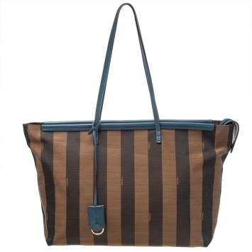 Pre Owned Fendi Tobacco/Blue Pequin Canvas and Leather Roll Tote