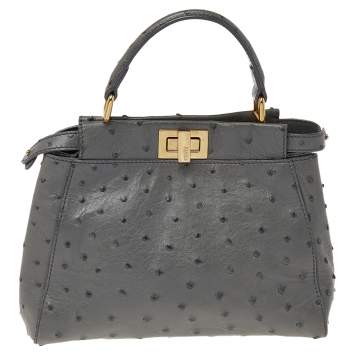 Pre Owned Fendi Grey Ostrich Leather Mini Peekaboo Top Handle Bag