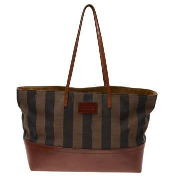 Pre Owned Fendi Tobacco/Brown Pequin Striped Canvas and Leather Roll Tote