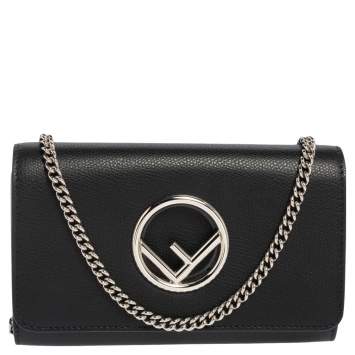 Pre Owned Fendi Black Leather Kan I F Wallet On Chain Clutch