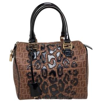 Pre Owned Fendi Tobacco Zucchino Coated Canvas And Patent Leather Boston Bag