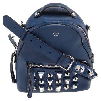 Pre Owned Fendi Blue Leather Backpack Studded Shoulder Bag