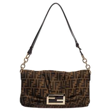 Pre Owned Fendi Tobacco Zucca Canvas and Patent Leather Mia Flap Shoulder Bag