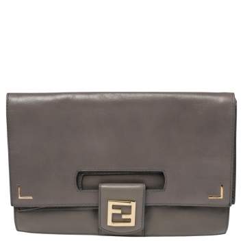 Pre Owned Fendi Grey Leather Foldover Clutch  
