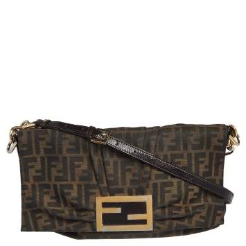 Pre Owned Fendi Tobacco Zuccca Canvas Mia Flap Shoulder Bag