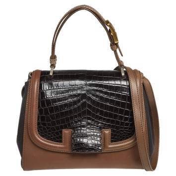 Pre Owned Fendi Black/Brown Stingray, Crocodile and Leather Silvana Top Handle Bag