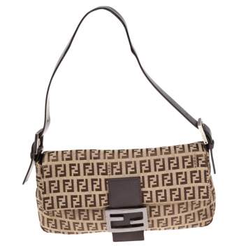 Pre Owned Fendi Beige/Brown Zucchino Canvas and Leather Baguette Flap Bag