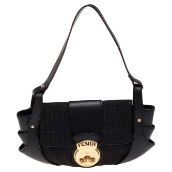 Pre Owned Fendi Black Canvas And Leather Borsa Shoulder Bag