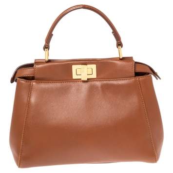 Pre Owned Fendi Tan Leather Mini Peekaboo Top Handle Bag