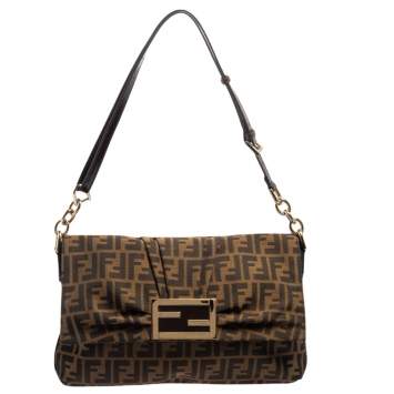 Pre Owned Fendi Tobacco Zucca Canvas and Patent Leather Mia Flap Shoulder Bag