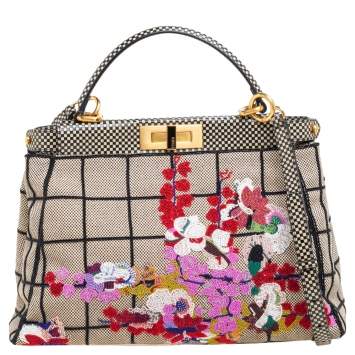 Pre Owned Fendi Multicolor Canvas And Leather Embroidered Peekaboo Top Handle Bag